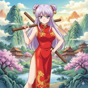 誇り高く立つチャイナ服のシャンプー、中国の風景を背景に