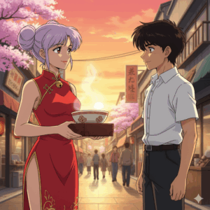 ラーメンどんぶりを持ち、ランマに微笑みかけるシャンプー、愛と日常の風景