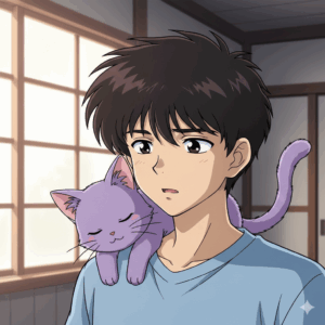 猫に変身したシャンプーがランマの肩に寄り添う、可愛らしくも儚い瞬間