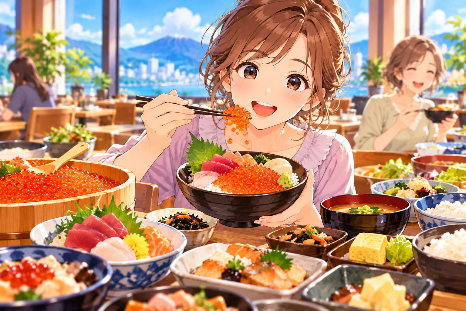 いくらたっぷりの海鮮丼を楽しむ女性のイメージイラスト