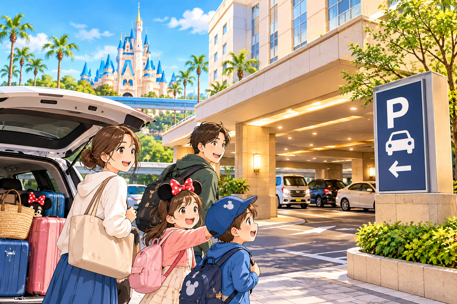 車でディズニー旅行へ向かう家族とホテルのイメージ