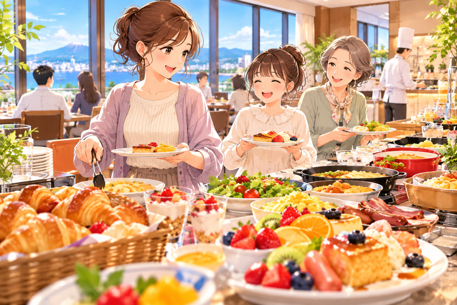 ホテルの朝食ビュッフェを楽しむ家族のイメージイラスト